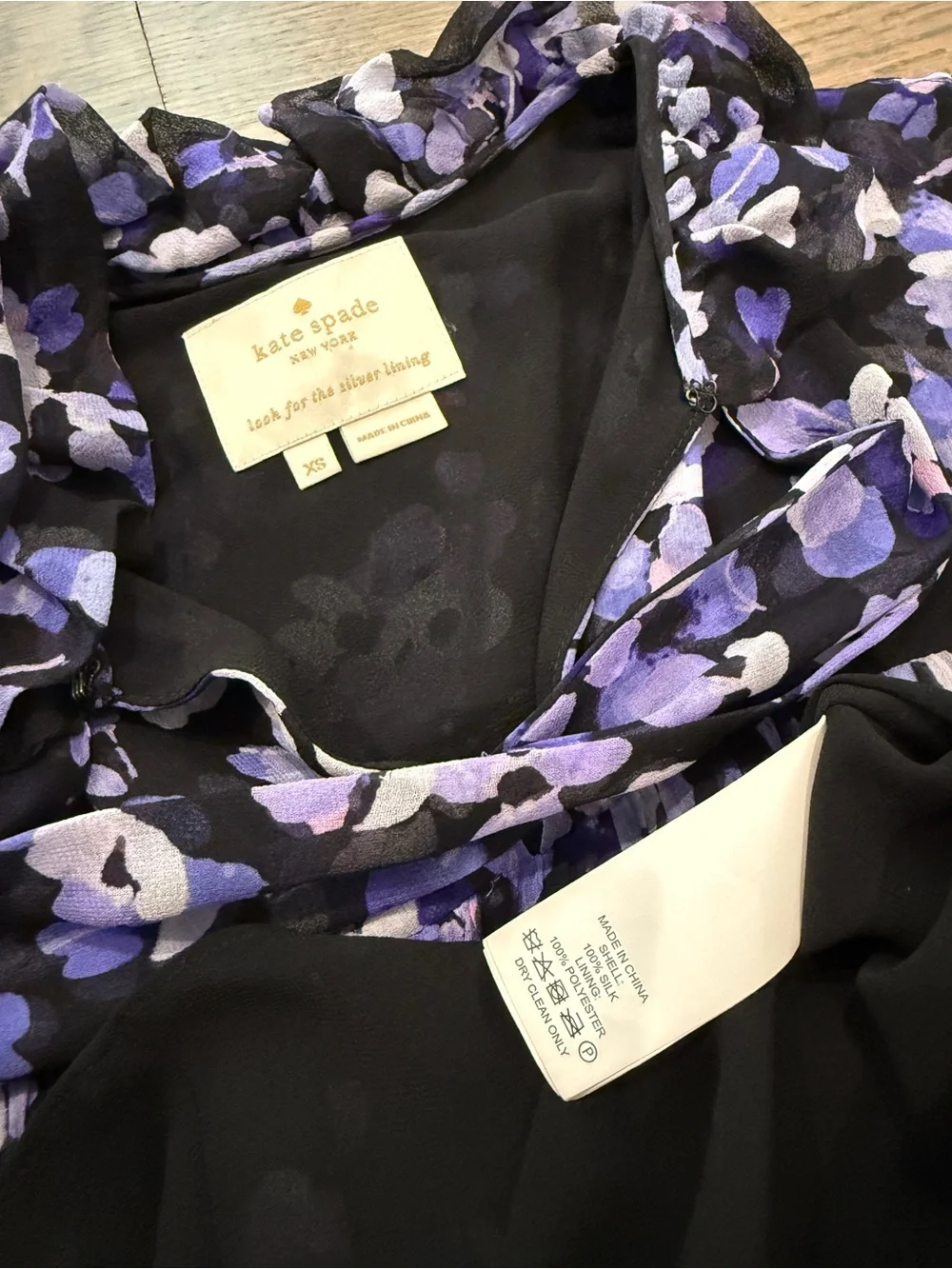 kate spade Black & Lavender Floral Ruffled Silk Midi Dress xs